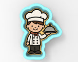 A cartoon illustration of a chef holding a tray with a silver platter on it.