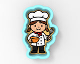 A cartoon illustration of a young girl wearing a chef's hat and holding a bowl and whisk.