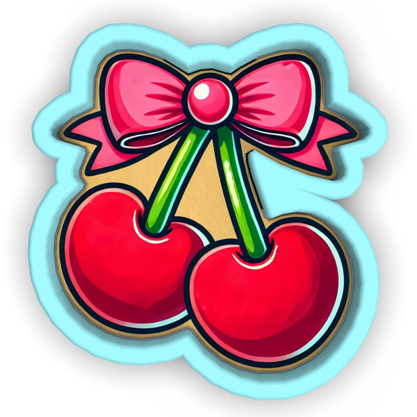 a sticker with a bow and two cherries