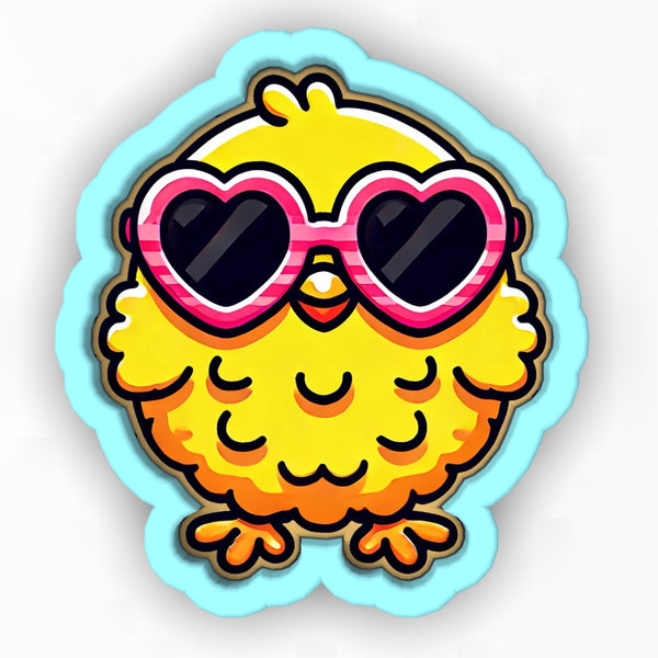 a sticker with a yellow bird wearing heart shaped sunglasses