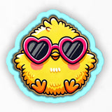 a yellow bird with heart shaped sunglasses on it's face