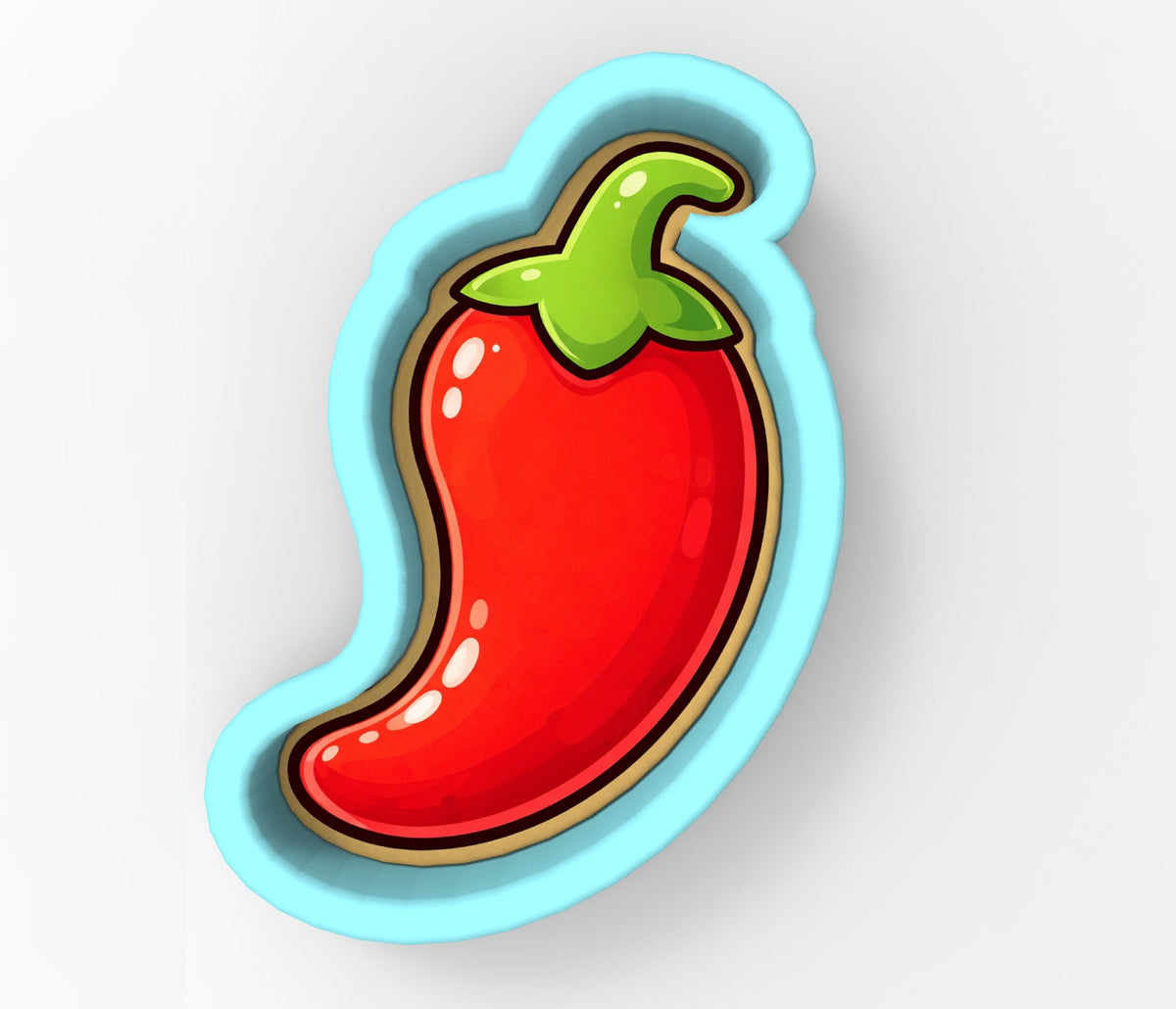 A red chili pepper with a green stem is depicted in the image.