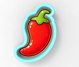A red chili pepper with a green stem is depicted in the image.
