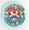 a blue plate with a picture of two rockets on it