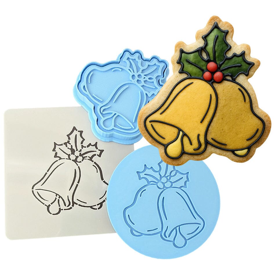 Christmas Bells Cookie Cutter | Stamp | Stencil #2 Xmas / Winter / NYE Cookie Cutter Lady MINI - 2 Inches (5cm) **FULL SET BUNDLE** Cutter + Stamp + Stencil + Debosser **BEST DEAL** 