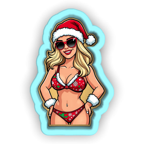 a sticker of a woman wearing a santa hat