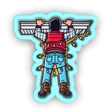 a sticker of a person with a bird on his back