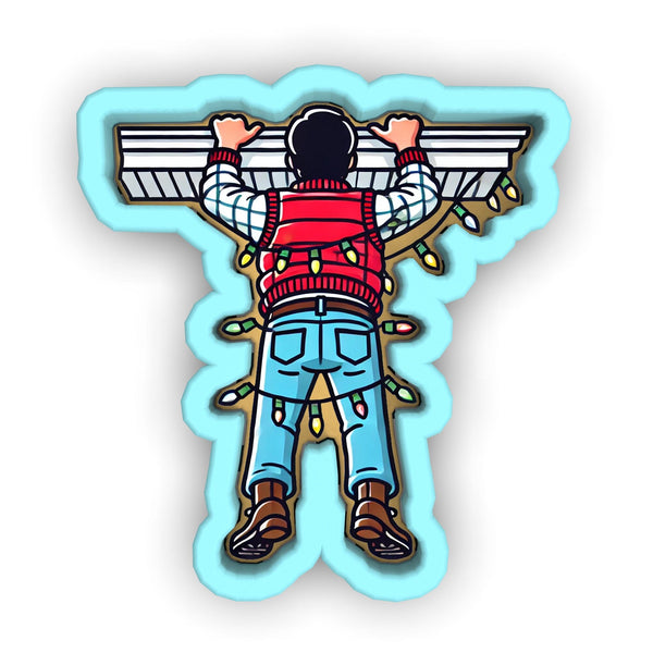 a sticker of a person with a bird on his back