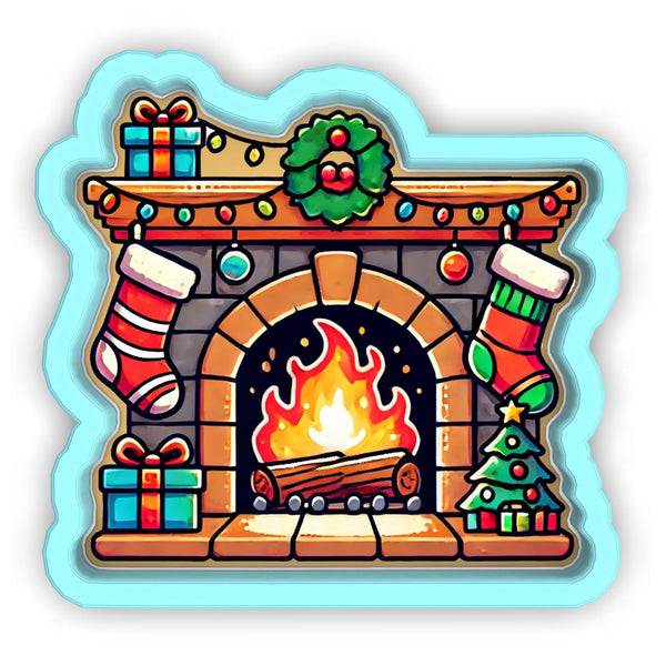 a sticker of a fireplace with stockings and stockings on it