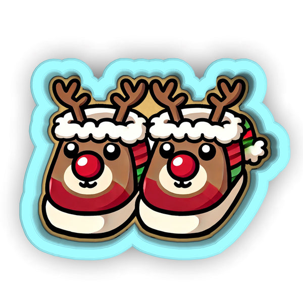 a pair of christmas shoes with reindeer noses