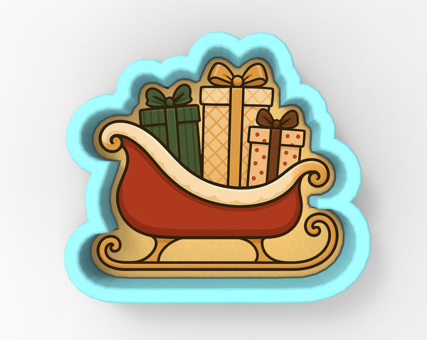 A cookie cutter-shaped illustration depicting a red sled carrying three gift boxes in various colors and patterns.