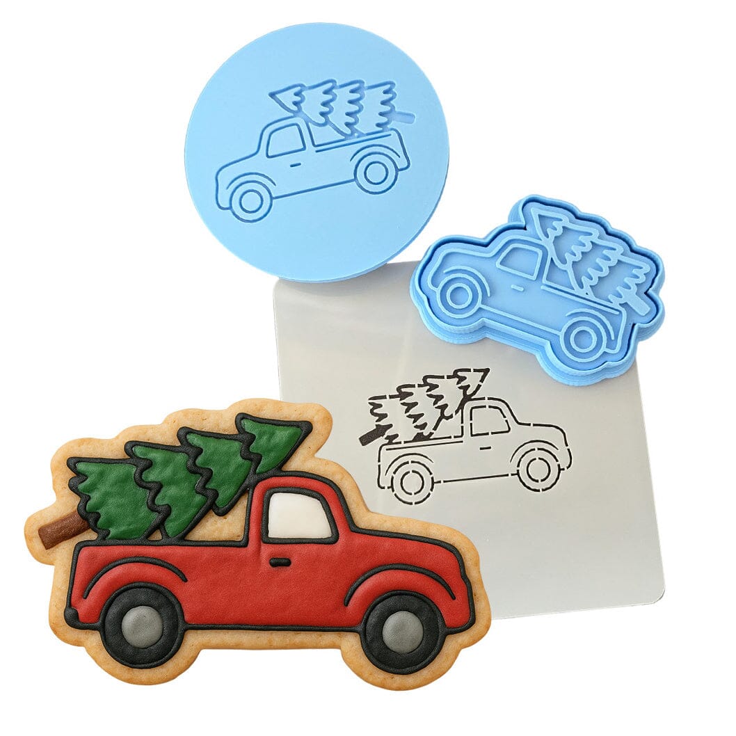 Christmas Tree Truck Cookie Cutter | Stamp | Stencil #3 Xmas / Winter / NYE Cookie Cutter Lady MINI - 2 Inches (5cm) **FULL SET BUNDLE** Cutter + Stamp + Stencil + Debosser **BEST DEAL** 