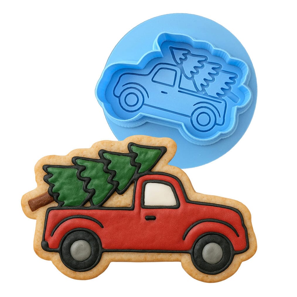 Christmas Tree Truck Cookie Cutter | Stamp | Stencil #3 Xmas / Winter / NYE Cookie Cutter Lady MINI - 2 Inches (5cm) **BUNDLE** Cutter + Debosser 