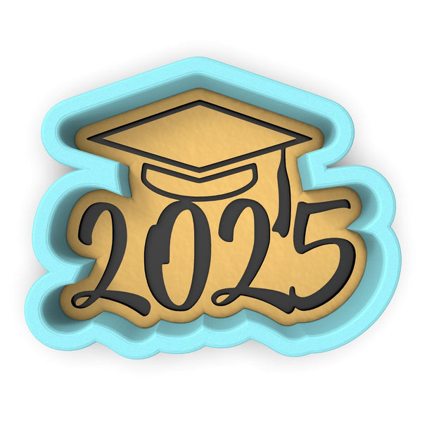 a blue and gold graduation sticker with a graduation cap on it