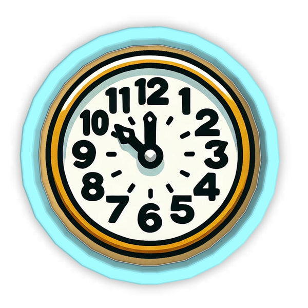 a blue and yellow clock on a white background