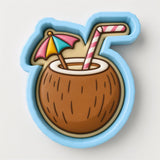 A coconut with a straw and an umbrella is depicted in the image.