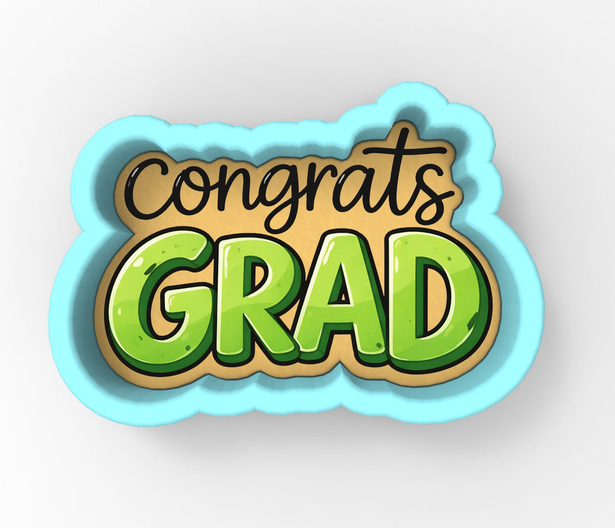 A cookie cutter-shaped graphic with the text "CONGRATS GRAD" in a stylized font.