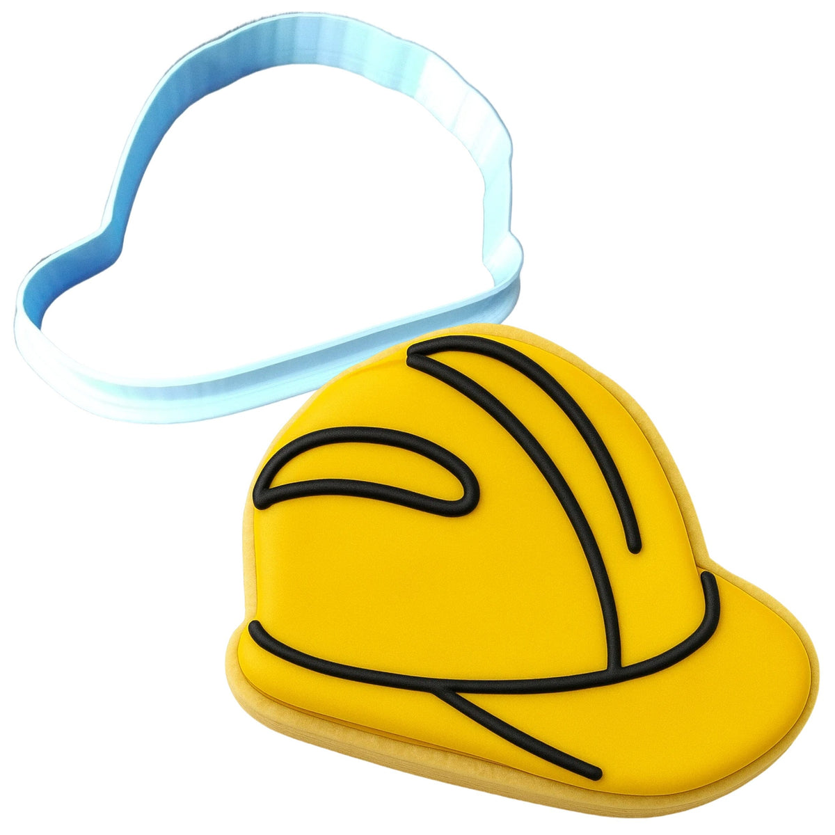 a cookie shaped like a hard hat and a cookie cutter
