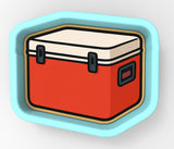 a red and white cooler sitting on top of a blue frame