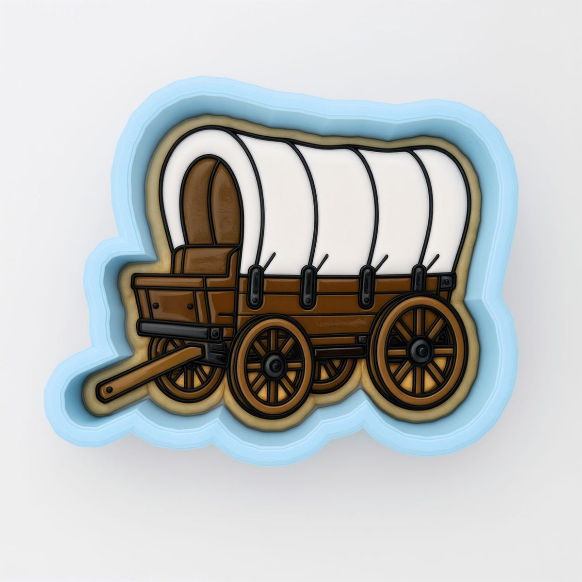 A cookie cutter-shaped illustration of a covered wagon, a traditional mode of transportation used by pioneers in the United States during the 19th century.