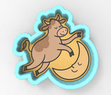 A cartoon cow is depicted jumping over a crescent moon in a playful, whimsical scene.