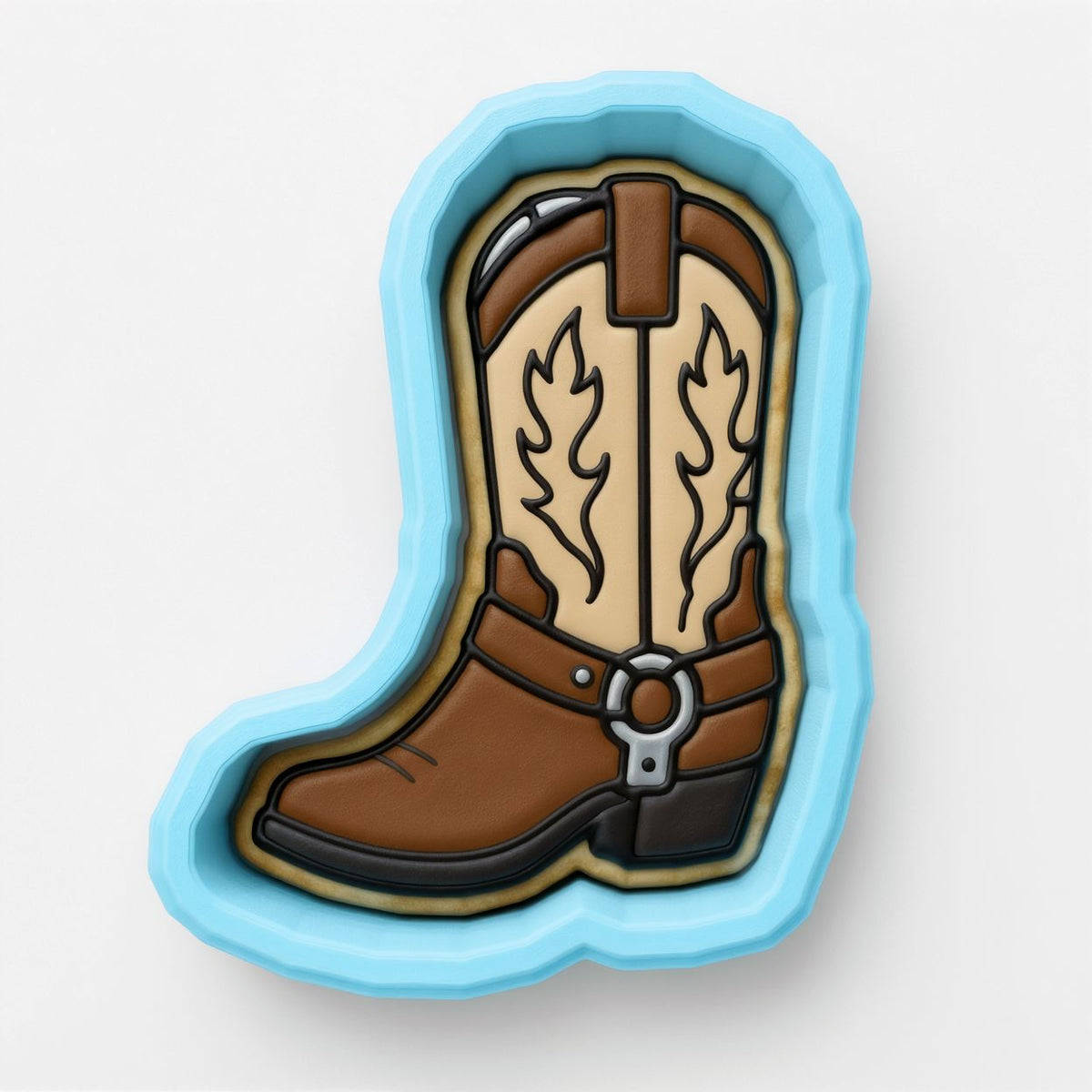 A blue cookie cutter shaped like a cowboy boot.