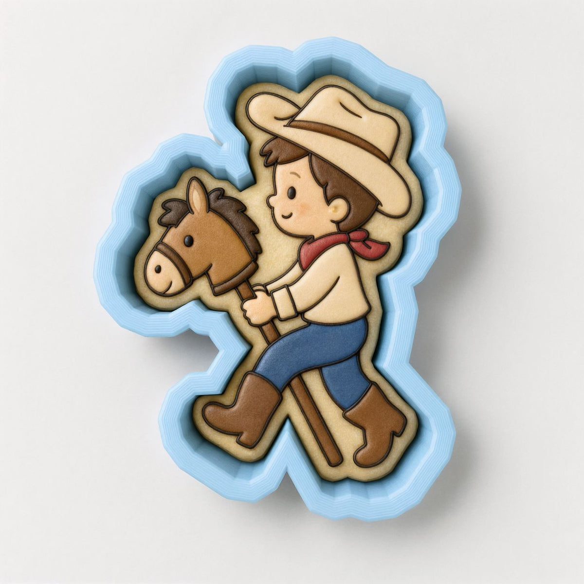 A cookie cutter in the shape of a cowboy riding a horse.