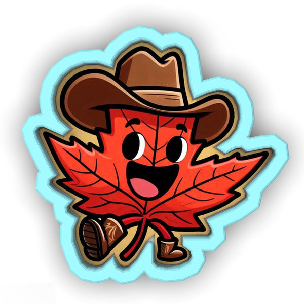 a sticker of a leaf wearing a cowboy hat