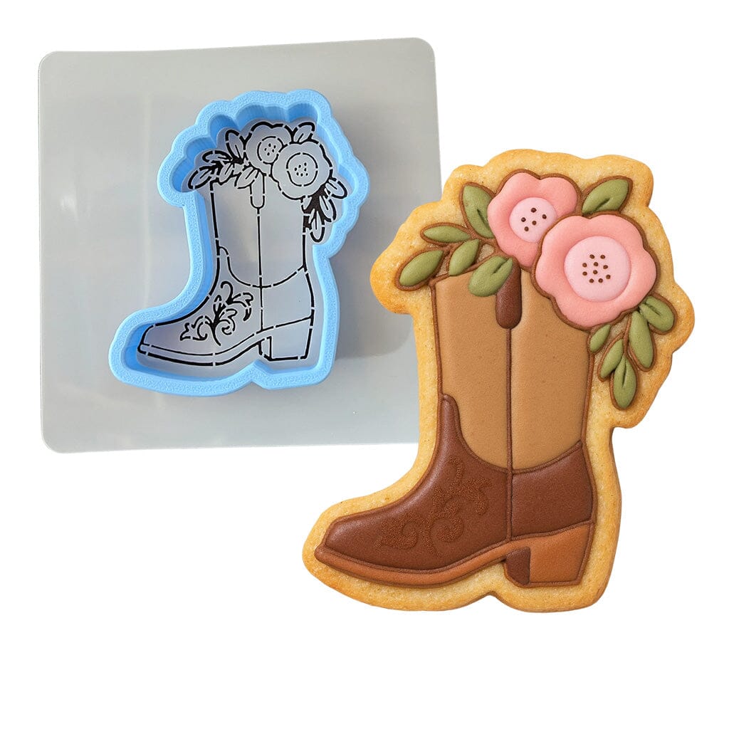 Cowgirl Boot with Roses Left Cookie Cutter | Stamp | Stencil - SHARP EDGES - FAST Shipping - Choose Your Own Size! #1 Cookie Cutter Lady LITTLE - 3 Inches (7.62cm) **BUNDLE** Cutter + Stencil 