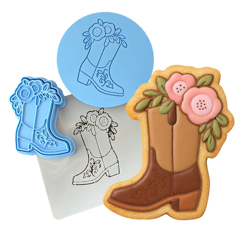 Cowgirl Boot with Roses Left Cookie Cutter | Stamp | Stencil - SHARP EDGES - FAST Shipping - Choose Your Own Size! #1 Cookie Cutter Lady LITTLE - 3 Inches (7.62cm) **FULL SET BUNDLE** Cutter + Stamp + Stencil + Debosser **BEST DEAL** 