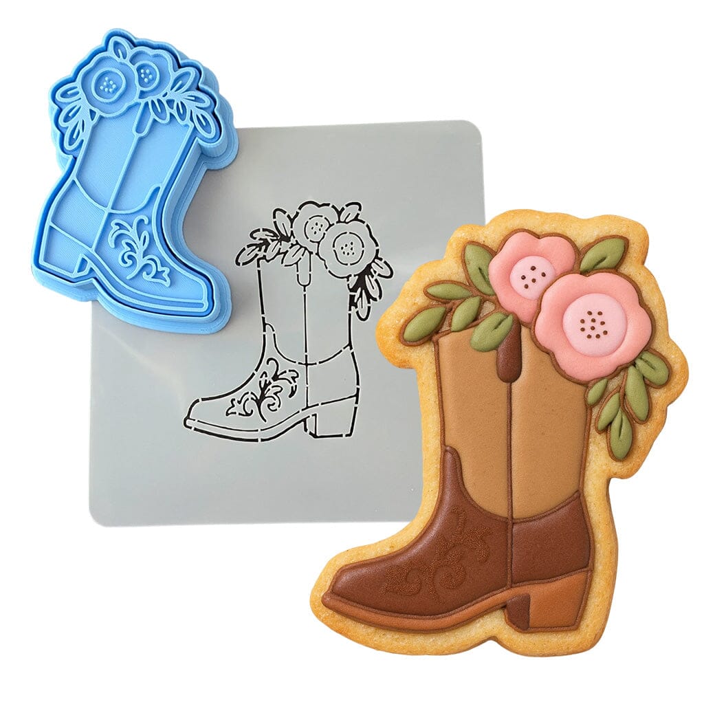 Cowgirl Boot with Roses Left Cookie Cutter | Stamp | Stencil - SHARP EDGES - FAST Shipping - Choose Your Own Size! #1 Cookie Cutter Lady LITTLE - 3 Inches (7.62cm) **BUNDLE** Cutter + Stamp + Stencil 