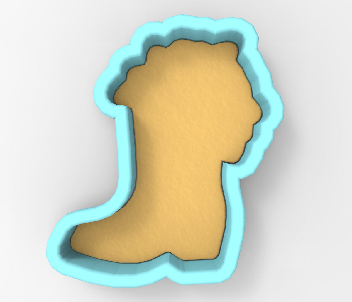 A 3D rendering of a cookie cutter in the shape of a woman's head, with a light brown color and a blue outline.