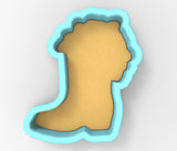 A 3D rendering of a cookie cutter in the shape of a woman's head, with a light brown color and a blue outline.