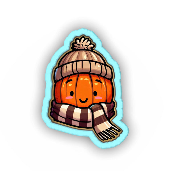 a sticker of a pumpkin wearing a hat and scarf