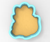 A 3D rendering of a cookie cutter in the shape of a dog's head, with a light brown color and a blue outline.