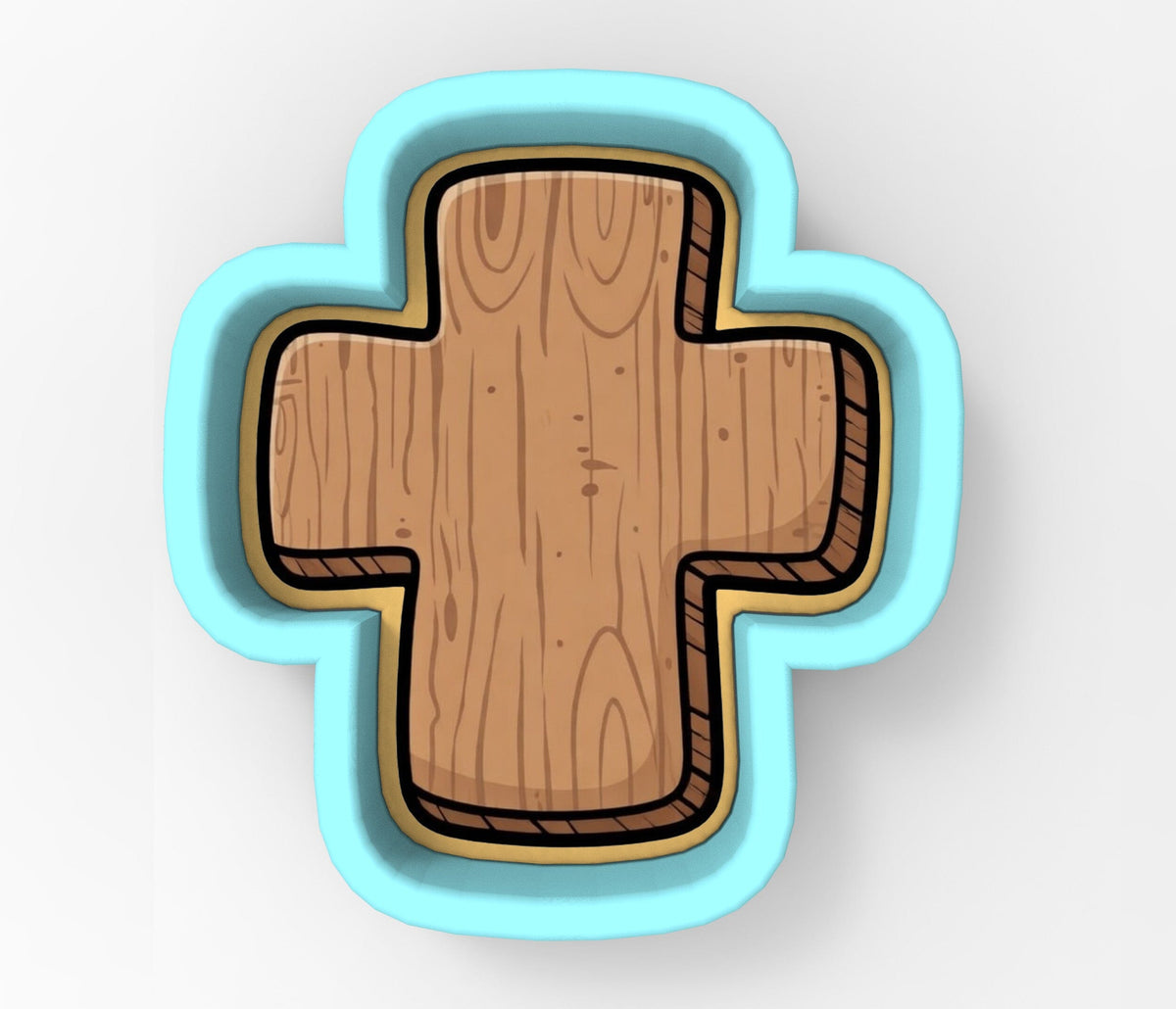 A wooden cross-shaped object with a blue border.