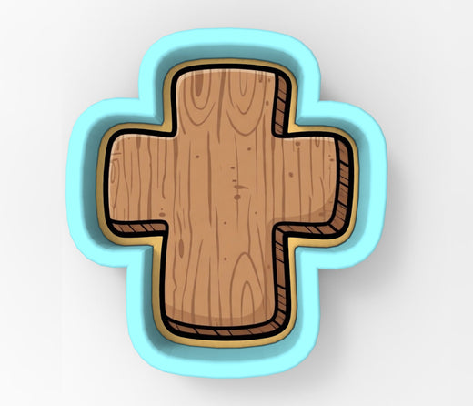 A wooden cross-shaped object with a blue border.