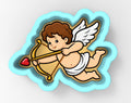 A cartoon image of a cherub-like figure with wings, holding a bow and arrow, and a red heart.