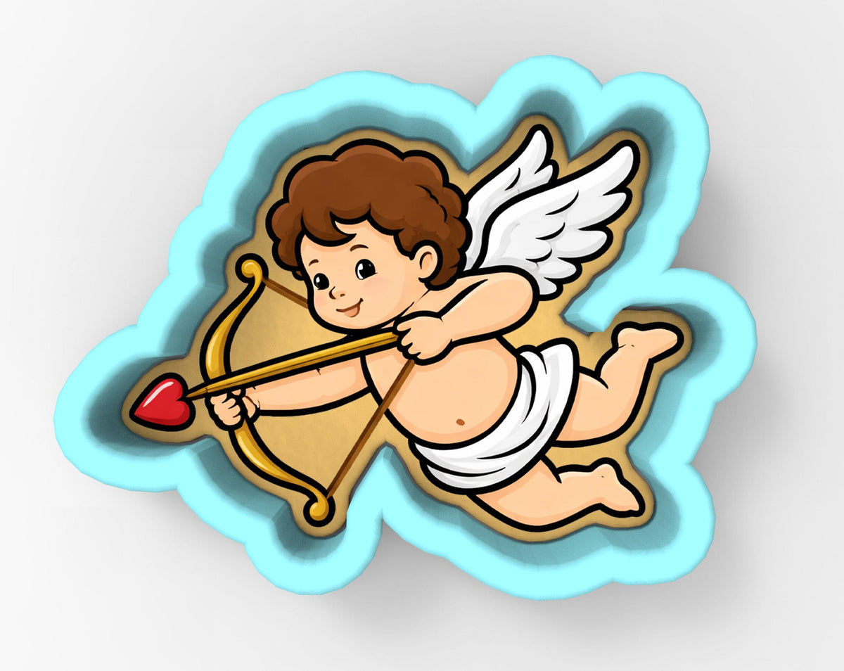 A cartoon image of a cherub-like figure with wings, holding a bow and arrow, and a red heart.