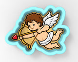 A cartoon image of a cherub-like figure with wings, holding a bow and arrow, and a red heart.
