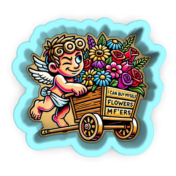 a sticker of an angel riding a wagon of flowers