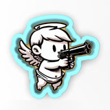 a sticker of an angel holding a gun