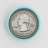 A United States quarter dollar coin with a blue rim, featuring the profile of George Washington.