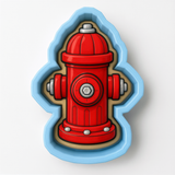 A red fire hydrant-shaped cookie cutter with a blue outline.