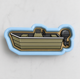 A boat with a motor on the side is depicted in the image.
