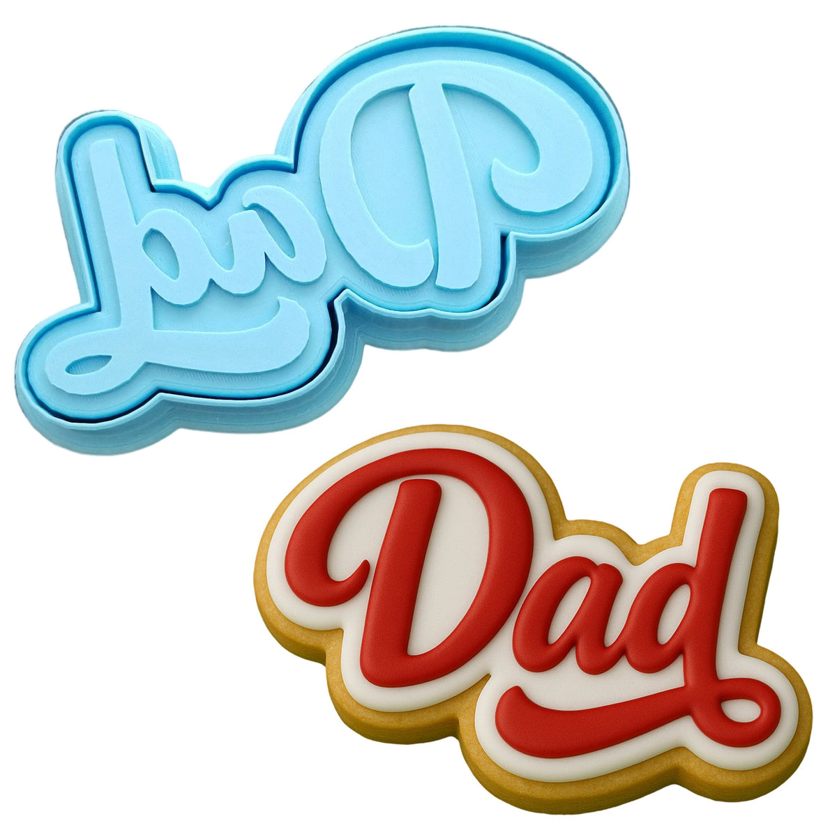 two cookies with the word dad spelled in red and blue