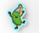 A cartoon pickle wearing a party hat and dancing with arms raised.