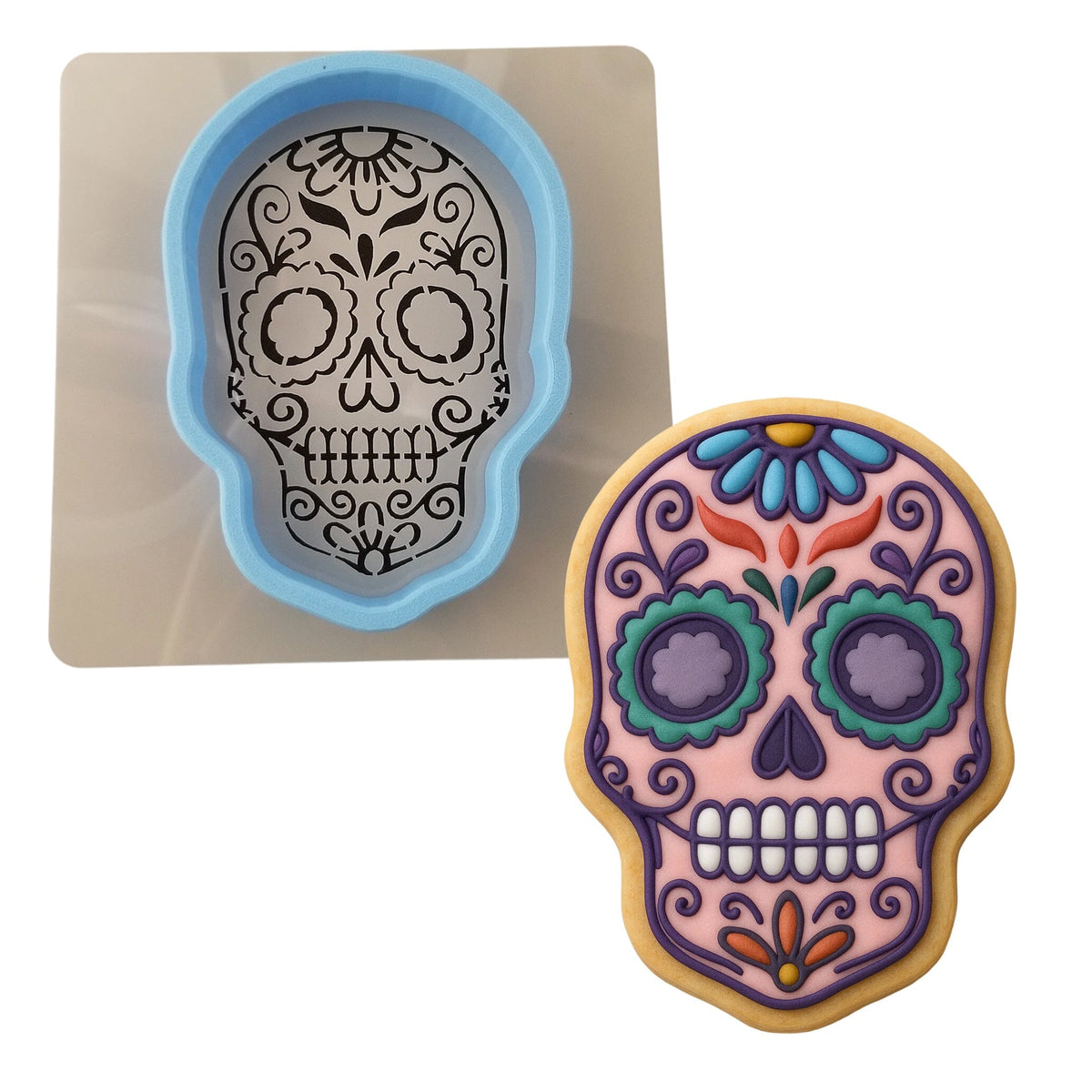 Day of the Dead Skull Cookie Cutter | Stamp | Stencil #1 Halloween / Fall Cookie Cutter Lady MINI - 2 Inches (5cm) **BUNDLE** Cutter + Stencil 