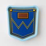 A blue and yellow pattern resembling a jean pocket or a pocket-shaped object.