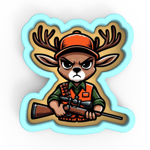 a sticker of a deer hunter with a rifle